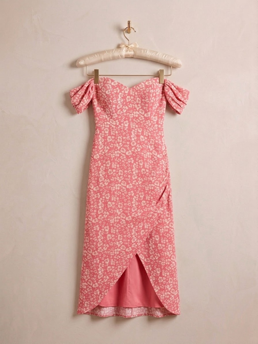 WAYF Off-Shoulder Pink Floral Midi Dress